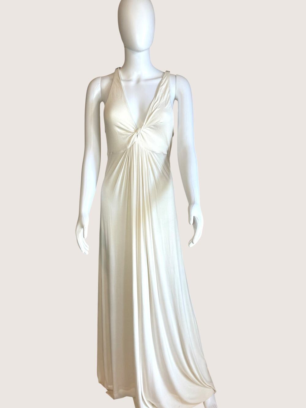 Ivory Maxi Dress Plunge Neck Open Back Rhinestone Straps